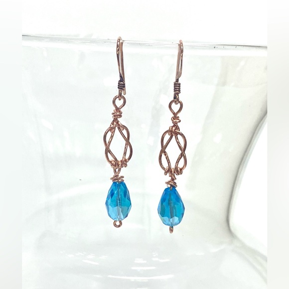 HANDMADE Love Knot Dangle Earrings Hand Wrapped Bare Copper and Crystal Jewelry - Picture 8 of 10